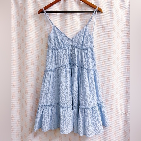 Aeropostale Babydoll Dress Womens XS Powder Blue Solid V-Neck Textured Feminine - Picture 1 of 13